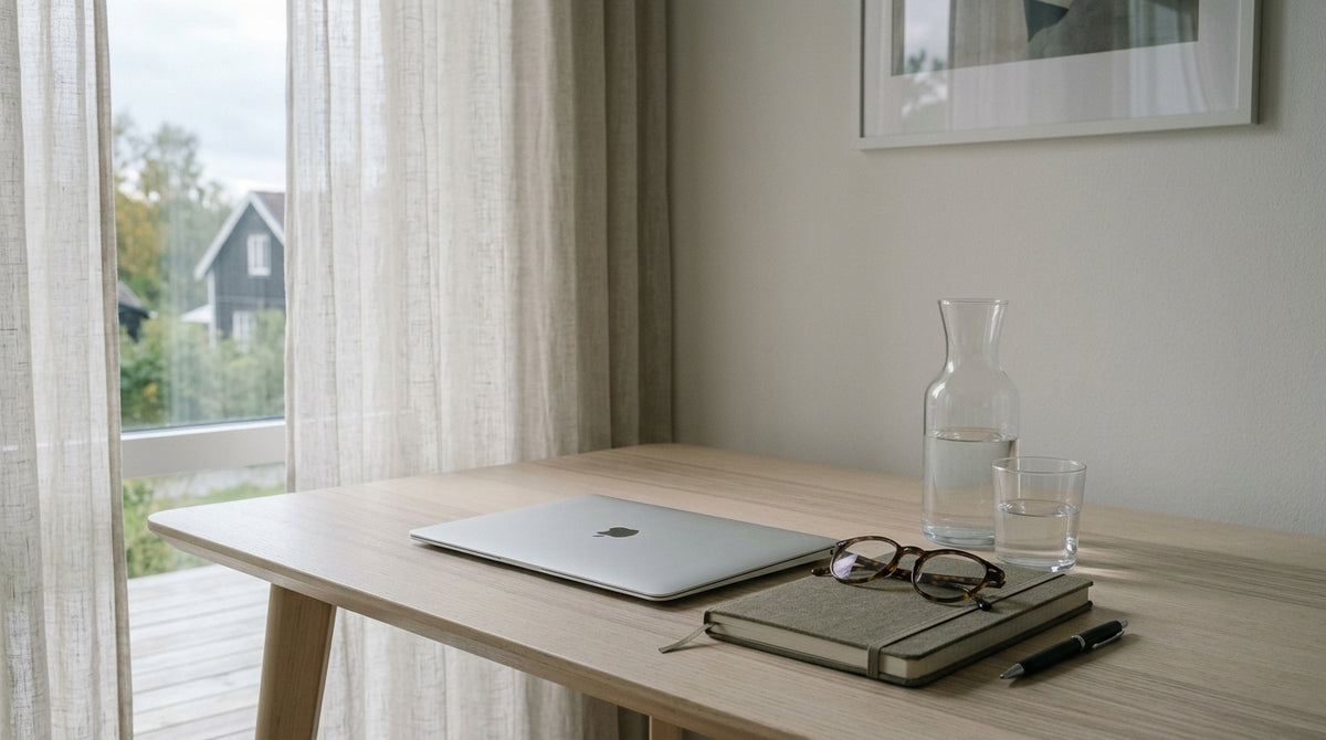Calm minimalist Nordic workspace with closed laptop, linen journal, reading glasses and water carafe