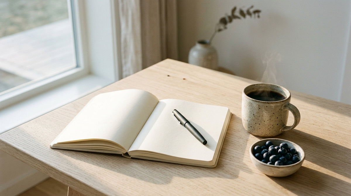 Morning mindfulness ritual with open cotton journal, fountain pen, stoneware coffee mug and wild bilberries