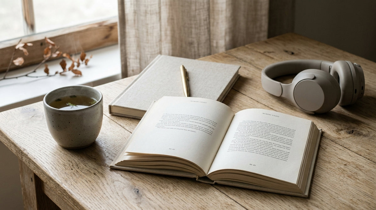 Minimalist Nordic table with mindfulness books, linen journal, headphones and herbal tea